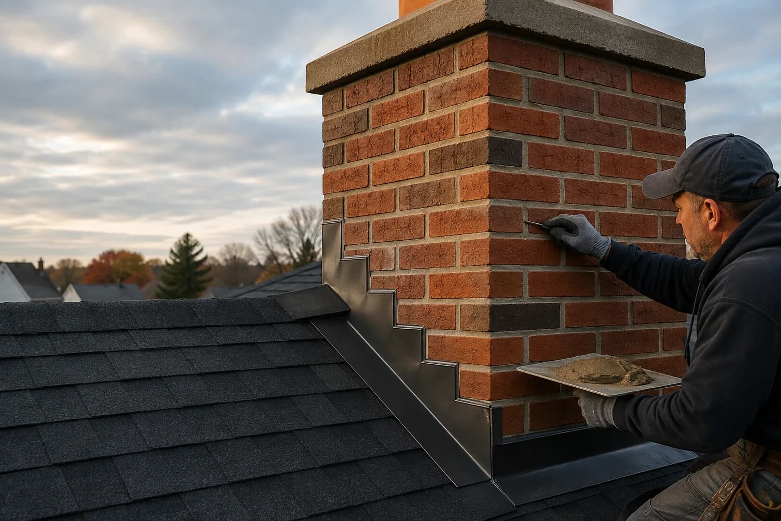 Brick chimney repair with new step flashing and mortar work