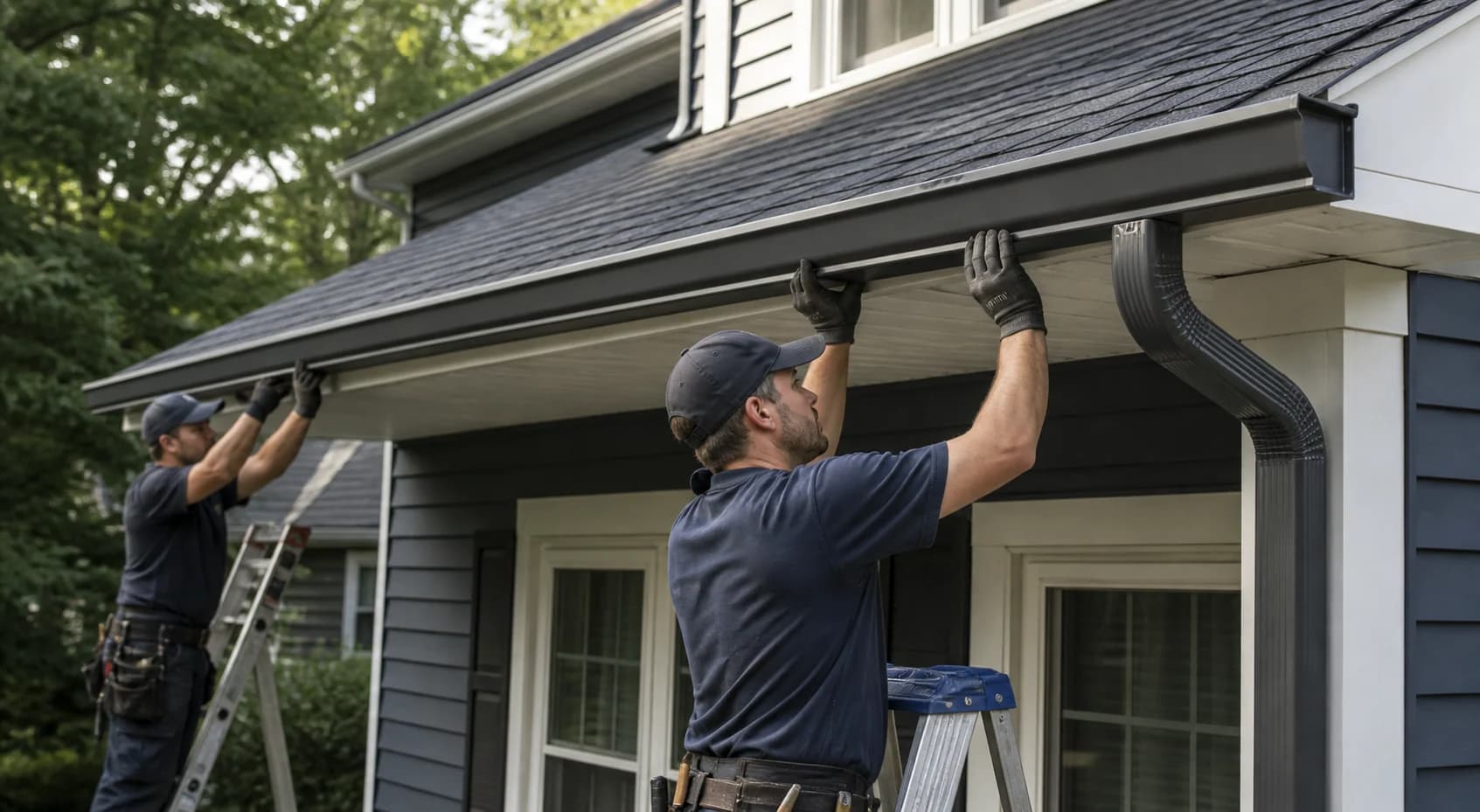 Contractors installing a seamless gutter and connected downspout