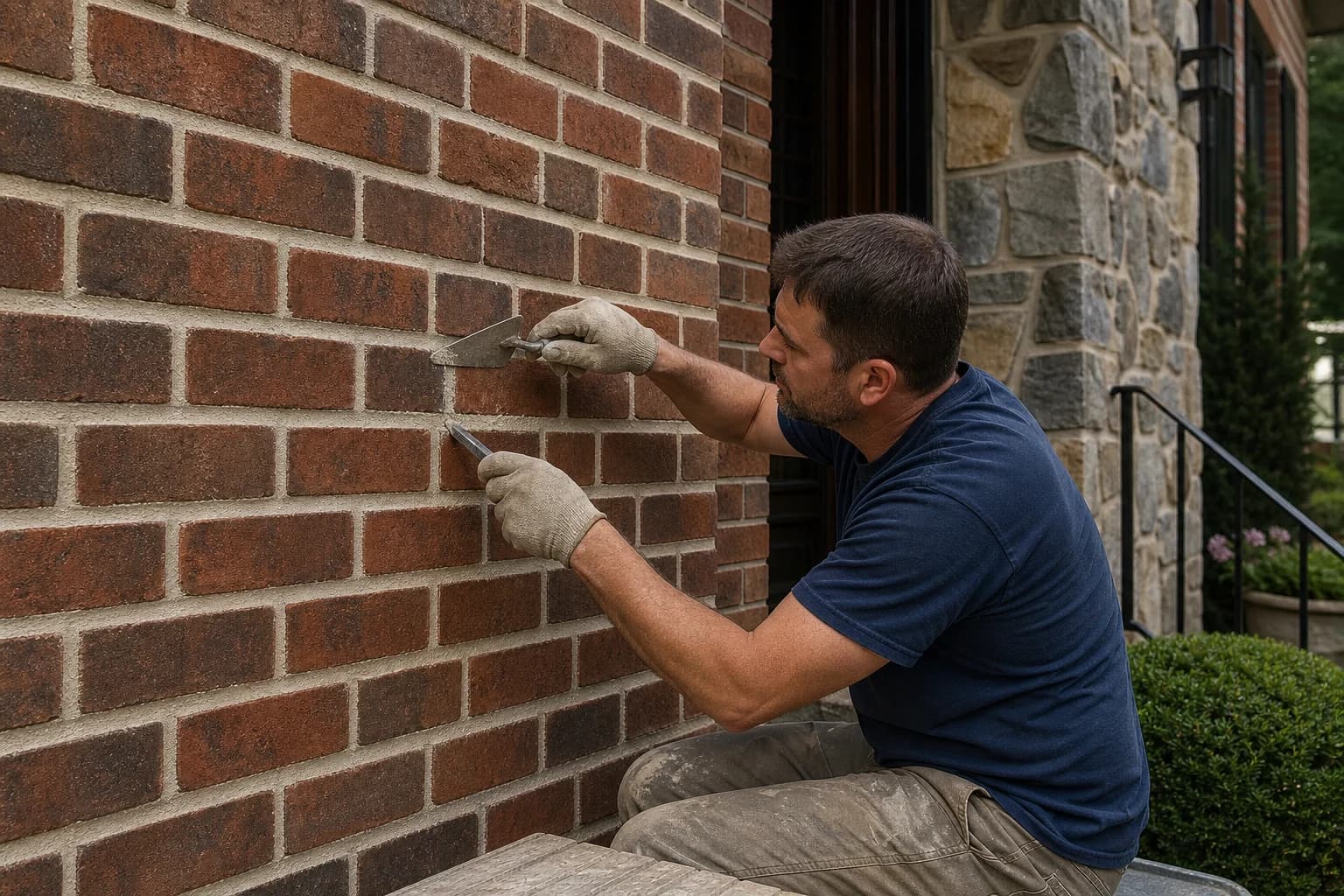 Mason repointing mortar joints on a residential brick wall