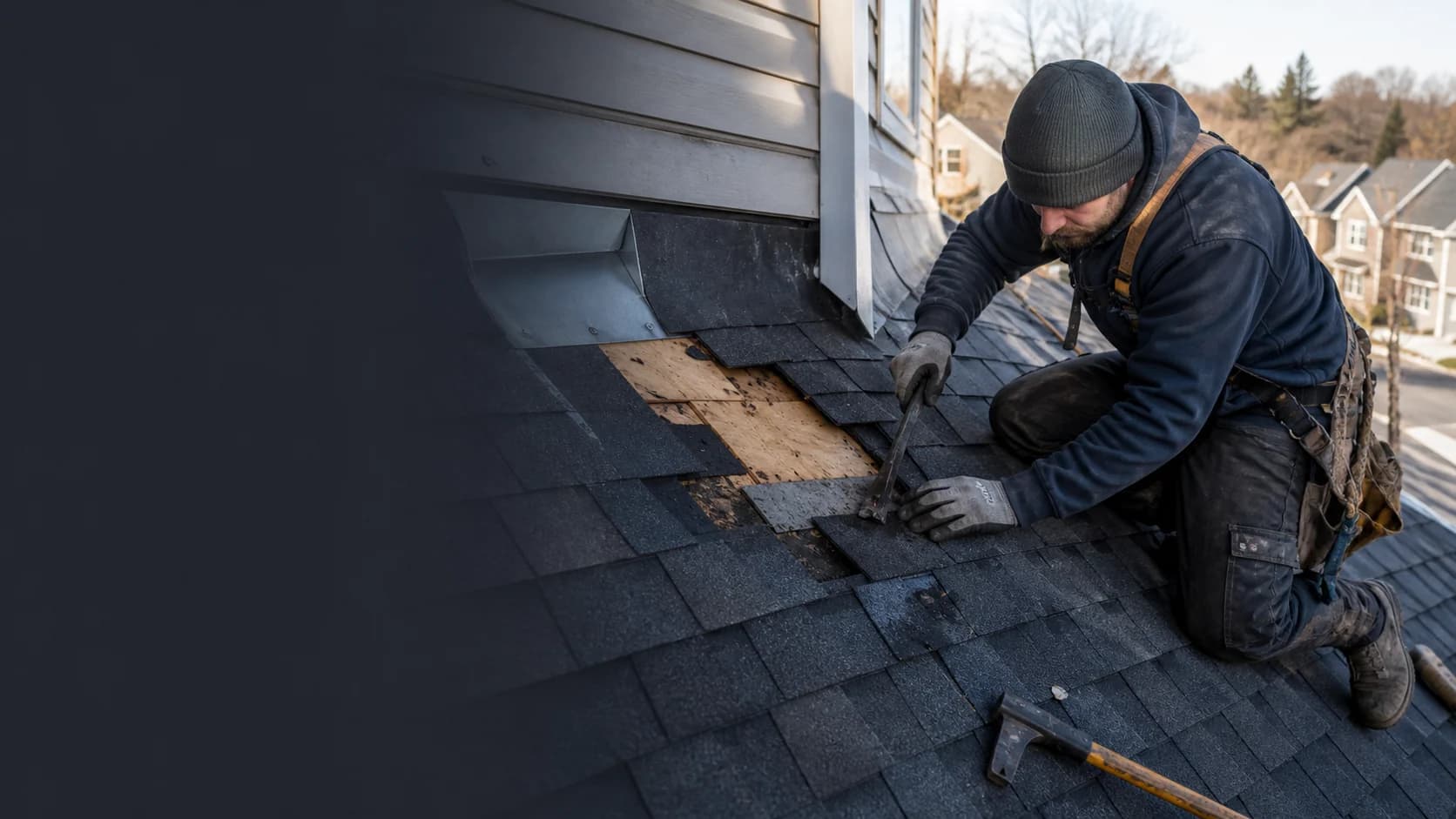 Roofer repairing asphalt shingles and flashing on a New Jersey home