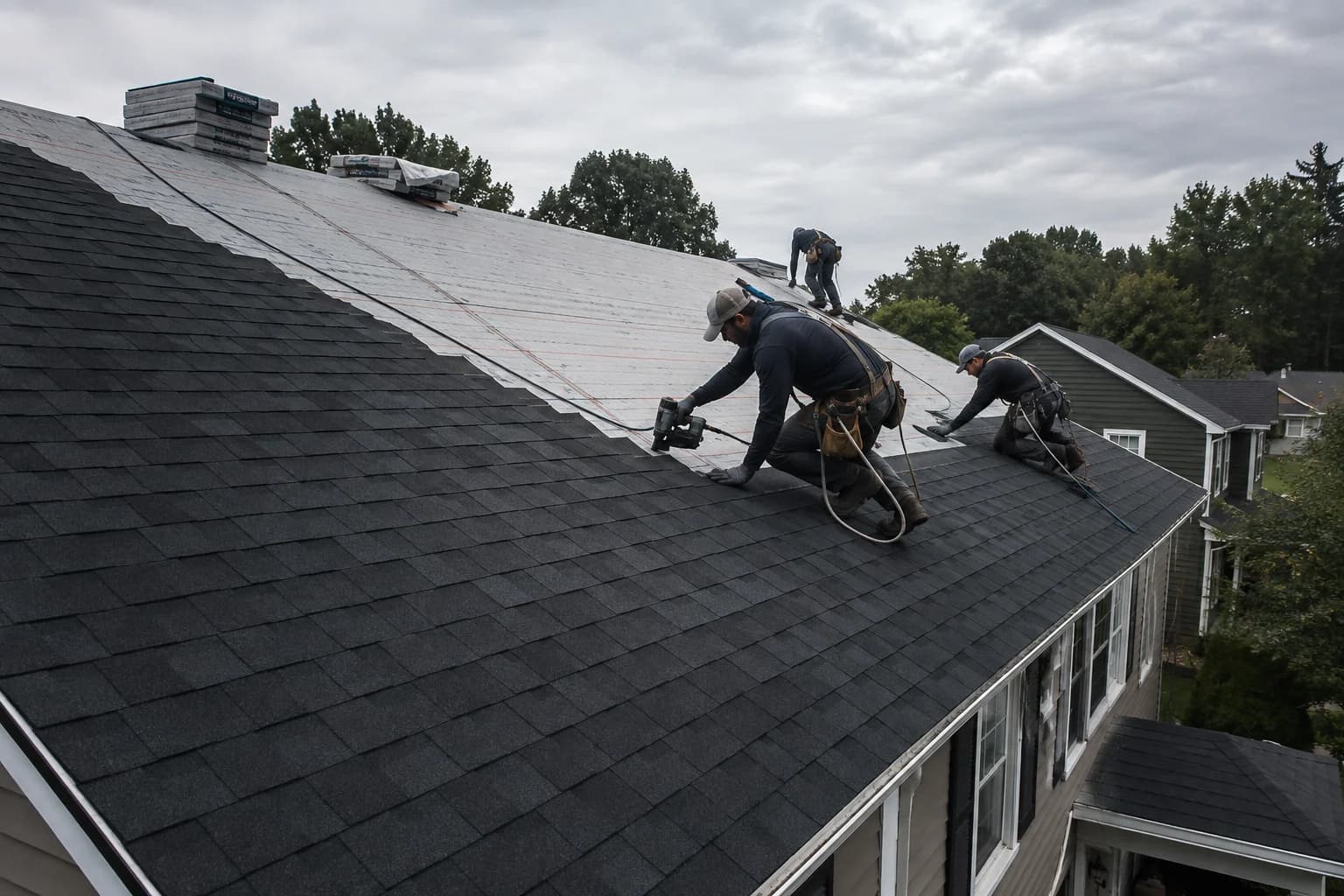 Roofing crew installing a complete architectural asphalt shingle roof