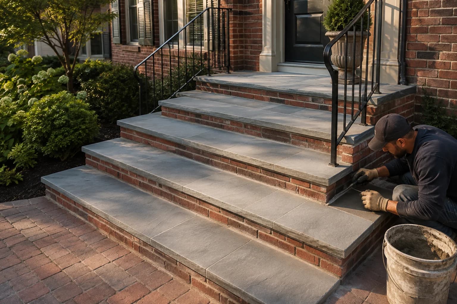 Rebuilt brick front steps with bluestone treads and iron handrails