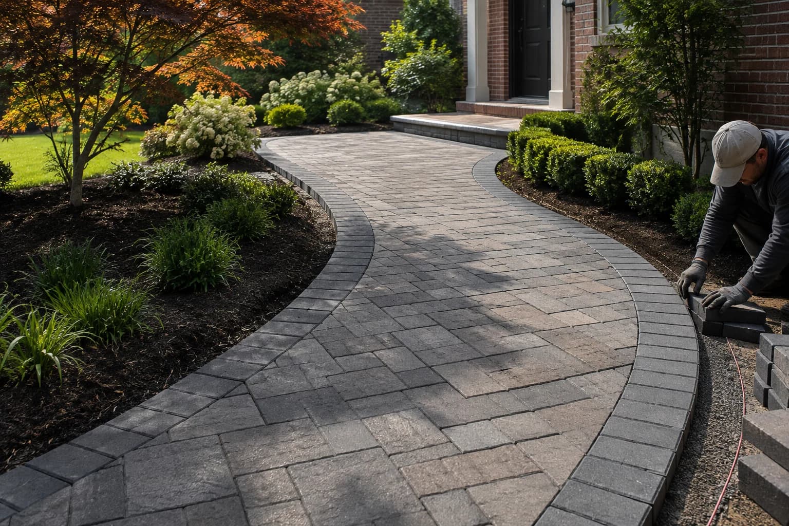 New curved concrete paver walkway leading to a residential entry